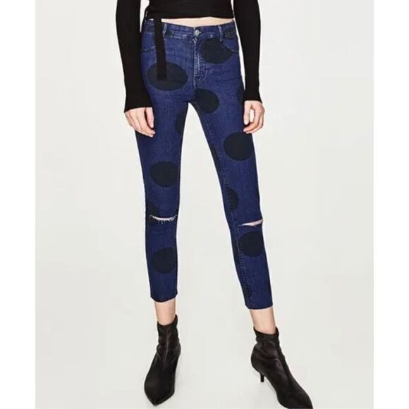 Zara Trafaluc Slit Knee Jegging Jeans Women's Size 00 Raw Hem Polka Dot - Picture 1 of 10